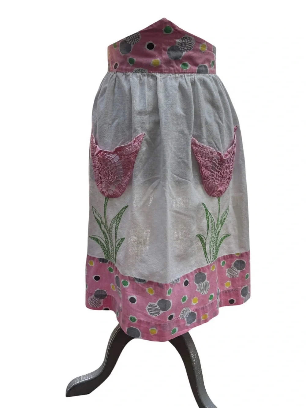 Vtg 1950 Pink Crochet Tulip Pocket Half Apron Geometric Mid-Century Girlhoodcore